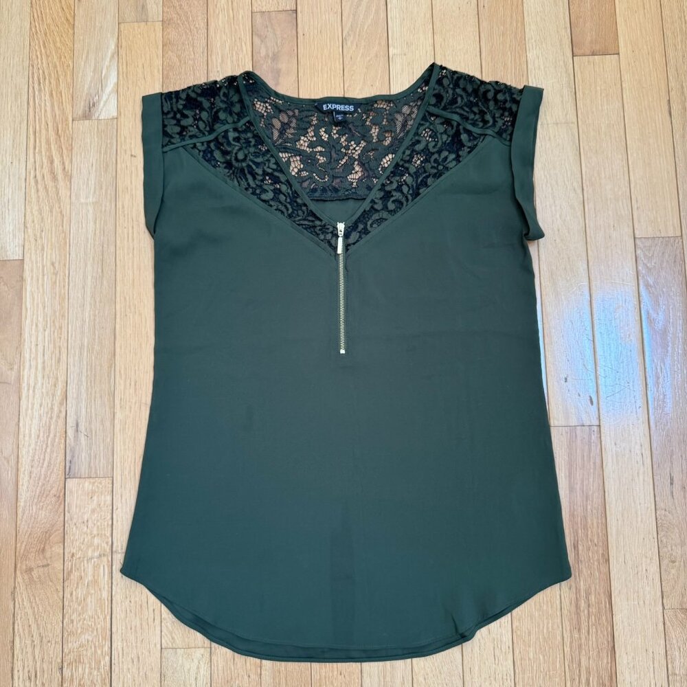 Express Olive Lace Zip Blouse – Size S